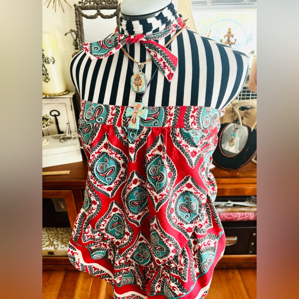 Free People Red/ Denim Paisley Bandanna Halter Scarf Top M Resort Cruise Cotton